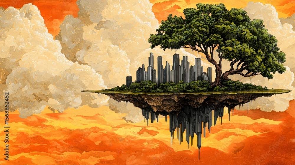 custom made wallpaper toronto digitalFloating City: A surreal digital painting of a floating island city nestled beneath a large tree, suspended amidst fiery clouds. The reflection of the city creates a captivating, dreamlike atmosphere.