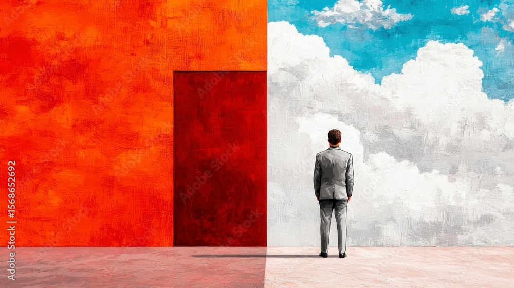 custom made wallpaper toronto digitalThe Path: A figure stands before two contrasting worlds: a world of vivid color and a realm of ethereal skies and billowing clouds, representing choice, opportunity, and the path ahead.
