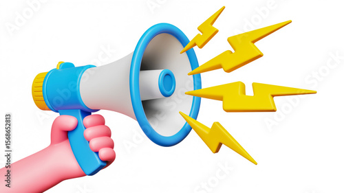 A 3D digital artwork of a hand holding a blue megaphone emitting yellow lightning bolts on a clean white background with sharp shadows