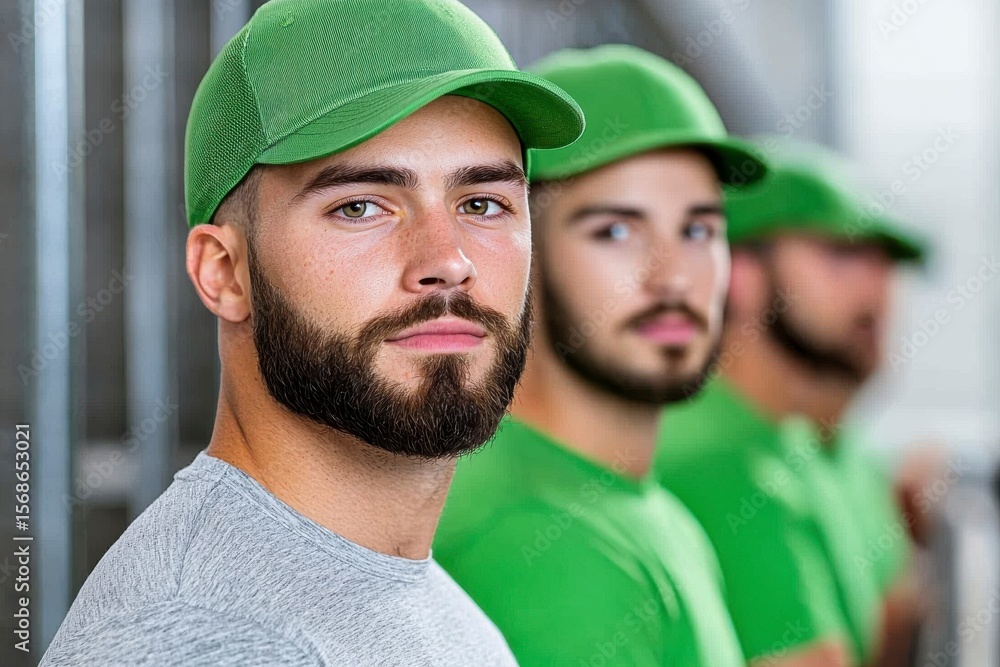 custom made wallpaper toronto digitalTeamwork and Trust: Three focused young men in green baseball caps and shirts stand shoulder to shoulder, projecting an image of unity, reliability, and professionalism.