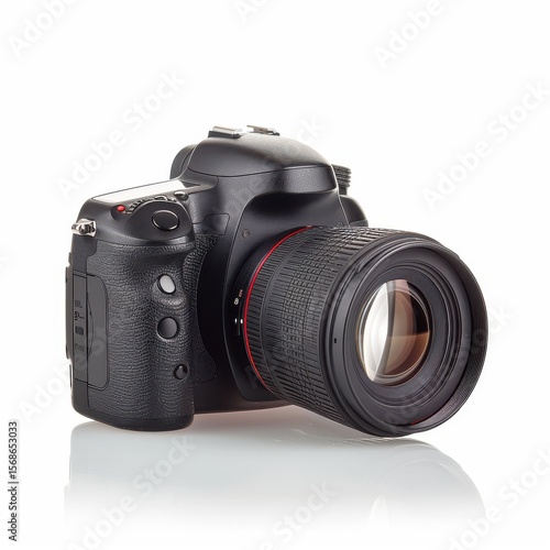 Digital camera with lens for photography isolated on white background.