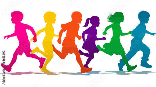 Colorful silhouettes of children running, suitable for educational materials or promoting active lifestyles and youthful energy in designs.