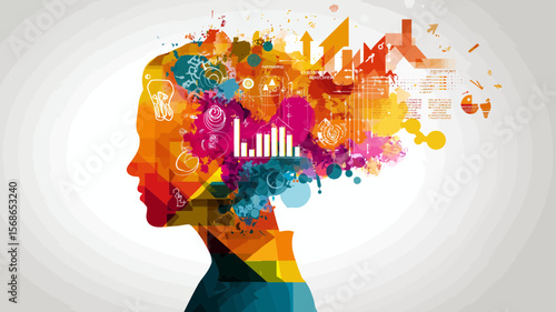 Conceptual brain artwork displays abstract thought with colorful splatter effects and upward trending bars, illustrating potential and creativity.