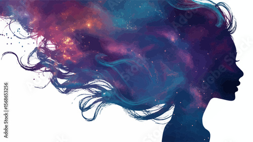 Cosmic woman portrait design with galaxy hair, representing creativity and imagination through ethereal stars and nebula graphics.