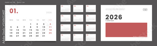 2026 Calendar Planner Set of Template Monthly Page with Note and cover with Place for Photo, Company Logo. Vector grid layout of wall or desk organizer with week start Sunday for print. Pages size A4