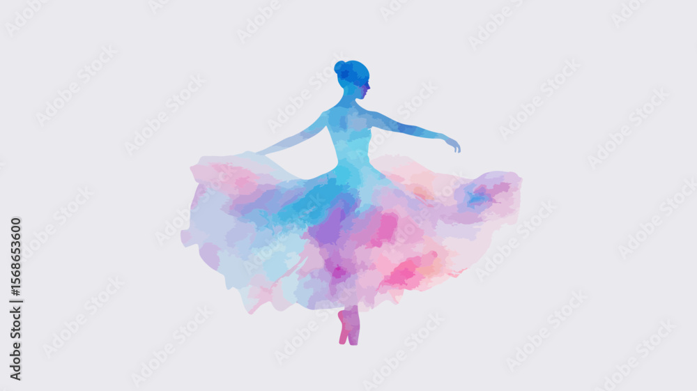 Fototapeta premium Graceful ballerina in watercolor style, dancing figure with flowing dress in shades of pink, purple, and blue for creative projects.