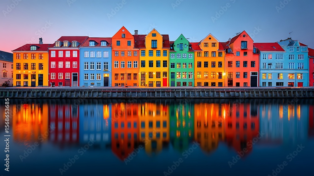 Obraz premium Copenhagen Nyhavn Harbor Colorful Buildings Reflections Canal Water Vibrant Street View Denmark Scenic Urban Landscape