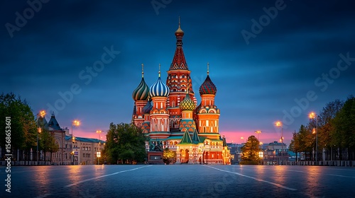 St. Basil’s Cathedral Moscow Russia Twilight View Illuminated Multicolored Lights Deep Blue Sky Travel Architecture Photography