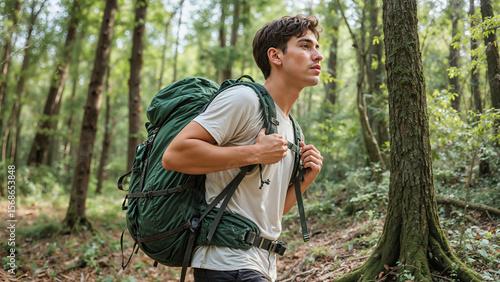 Young Man Hiking through the Woods