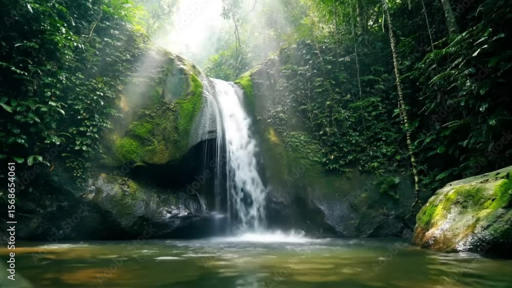 Sunlit Waterfall Cascades into Tranquil Pool in Lush Green Rainforest Sunlit Waterfall Cascades into Tranquil Pool in Lush Green Rainforest