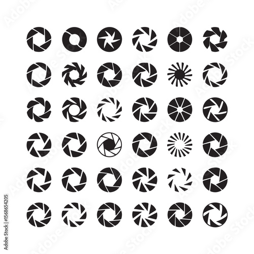 Collection of diverse black camera aperture diaphragm icons arranged in a grid on a white background