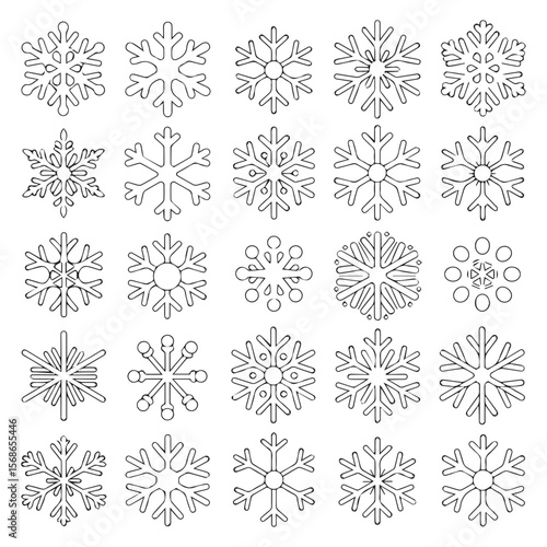 Collection of diverse hand drawn snowflake outlines on a white background representing winter and cold weather