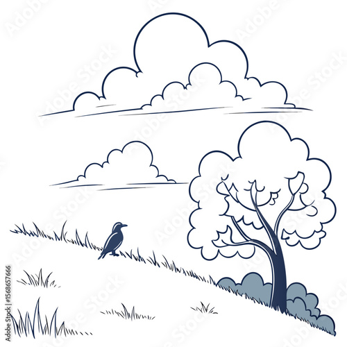A solitary bird rests near a tree under cloudy skies clouds grass