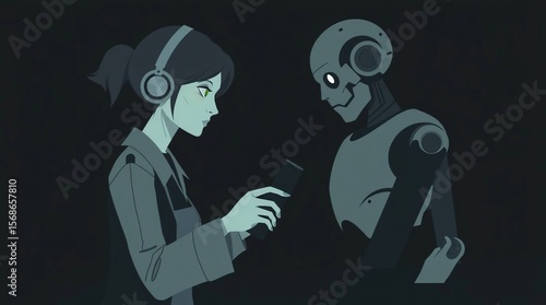 Flat design engineer with humanoid robot