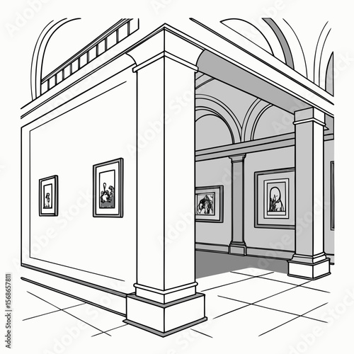 Art gallery interior with framed paintings and architectural columns framed art