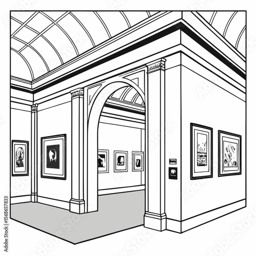 Art gallery interior with framed artwork and arched entryway paintings exhibition