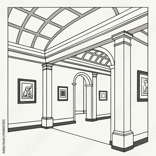 Art gallery interior with paintings and arched passageway frames arched doorway