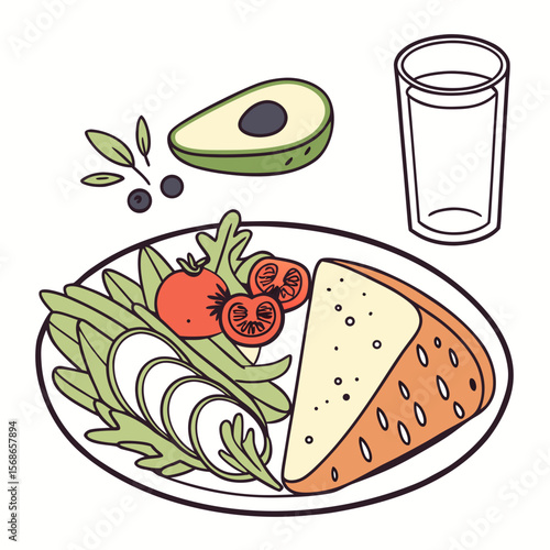 Avocado sandwich with tomatoes salad and drink arugula