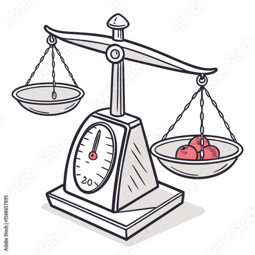 Balance scale with apples and gauge weighing fruit