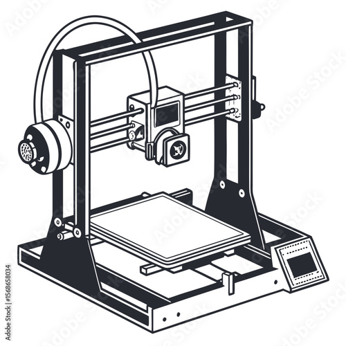 Black and white 3d printer on white background additive manufacturing technology