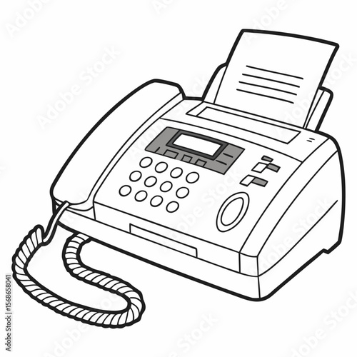 Black and white fax machine with paper and cord communication technology