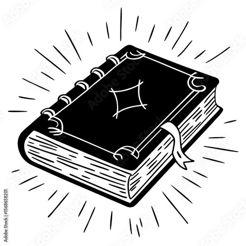 Black magic book with glowing rays occult spellbook