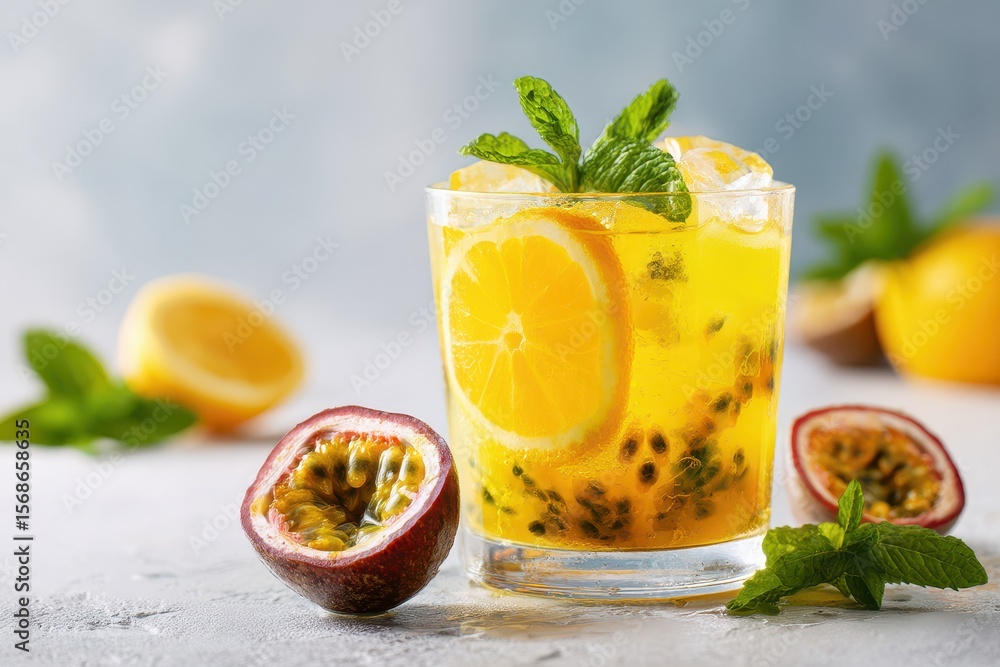 Fototapeta premium Chilled citrus drink with ice on a white table