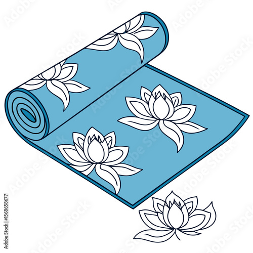 Blue yoga mat with white lotus flowers rolled up