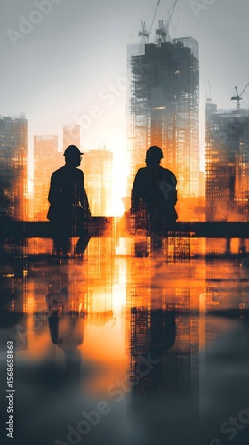Two silhouettes of men are standing on a bridge in front of a city skyline