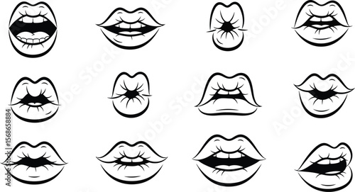 Collection of twelve diverse black and white lip illustrations in various expressions