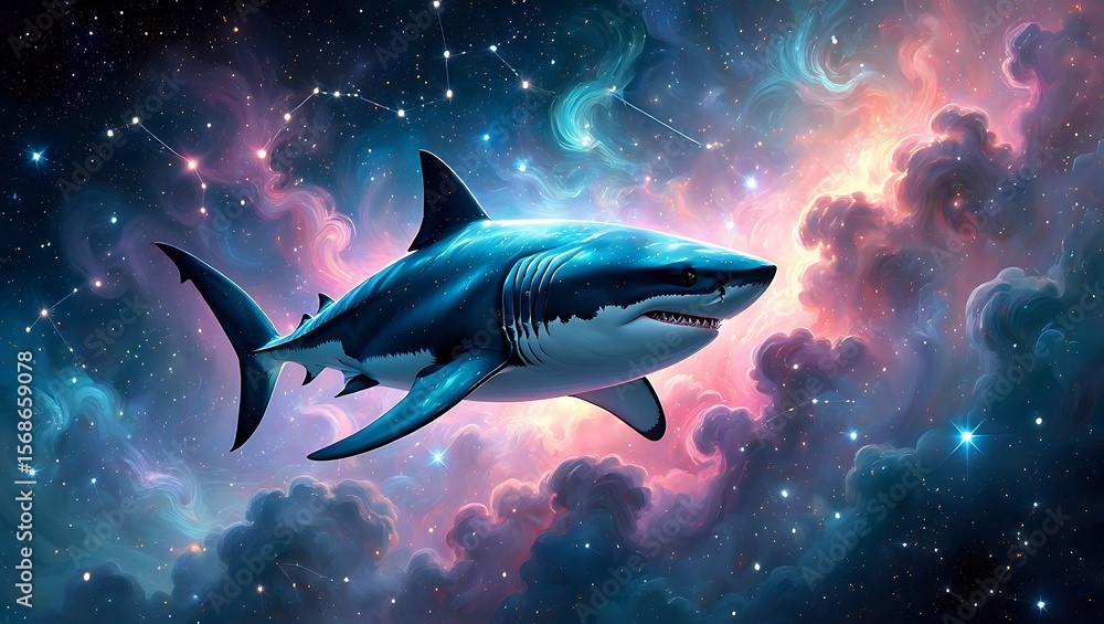 Fototapeta premium Cosmic Shark A Great White in the Nebula's Embrace
