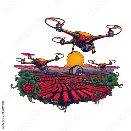 Drones over farmland at sunset style art