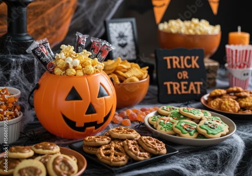 A Halloween treat table is set with spooky snacks and fun decorations