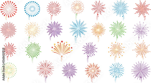 Collection of colorful abstract fireworks and pyrotechnics displays on white background