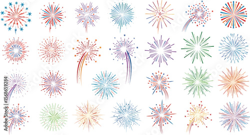 Collection of colorful abstract fireworks bursts and explosions on white background