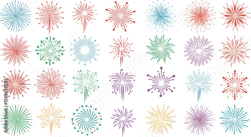 Collection of colorful abstract starburst fireworks and explosions on white background