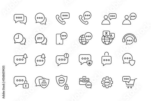 Set of Modern Communication and Chat Icons Outline Style with Security, Notification, Global Support, Language, Headset, Mobile and E-commerce Elements for Web and App UI Design