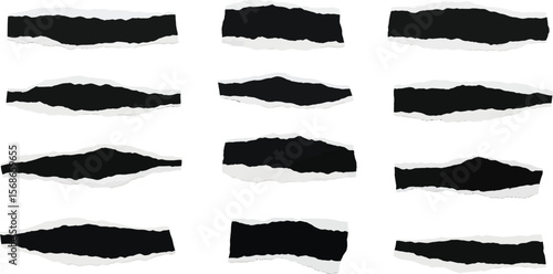 Collection of twelve torn paper strips with black backgrounds and white ragged edges