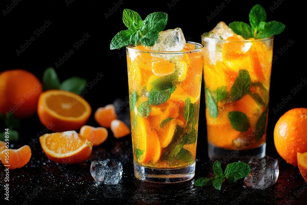 Fototapeta premium Chilled tangerine mojito with mint on a dark backdrop
