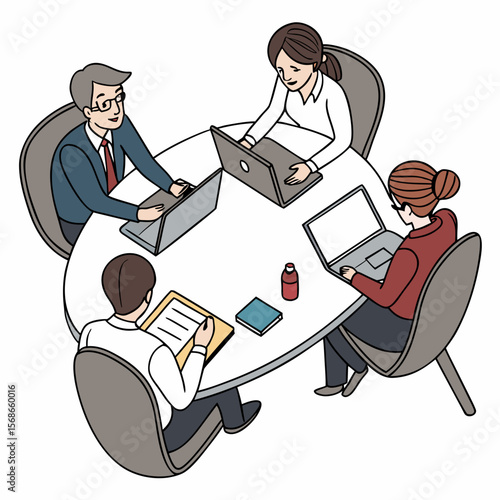 Diverse professionals collaborating around a round table with laptops business meeting