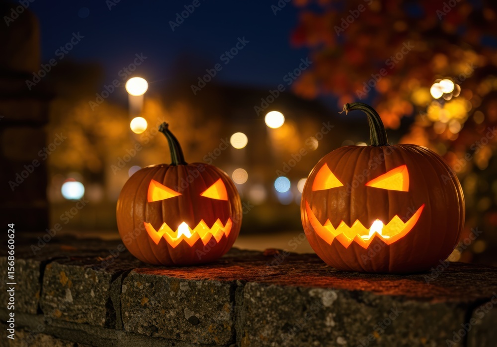 Fototapeta premium Two carved pumpkins glow with light, celebrating Halloween at night.