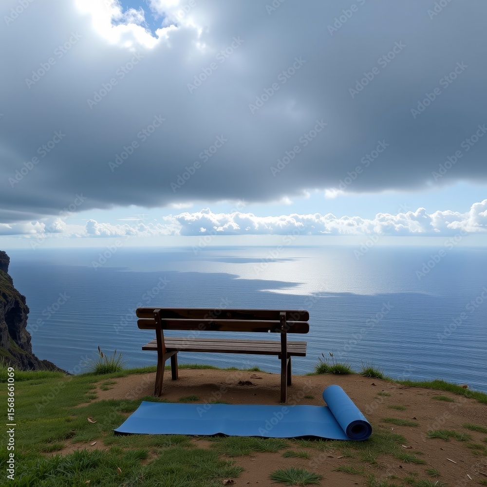 Serene bench overlooking a vast ocean under a cloudy sky, inviting tranquility and reflection. Serene bench overlooking a vast ocean under a cloudy sky, inviting tranquility and reflection.