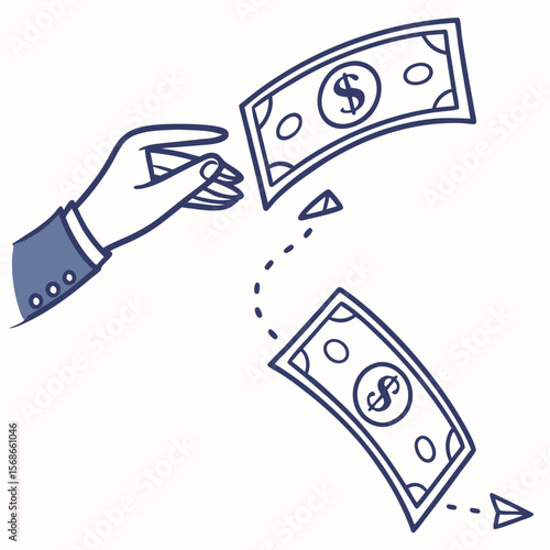 Hand sending money with dollar signs money transfer dollar bill