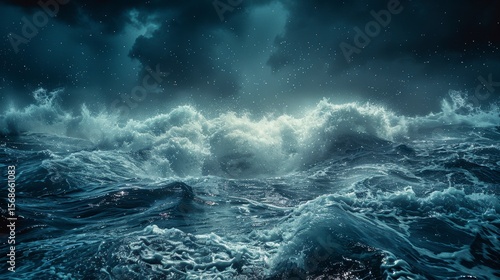 Rough seas under a dark, stormy sky with crashing waves and whitecaps