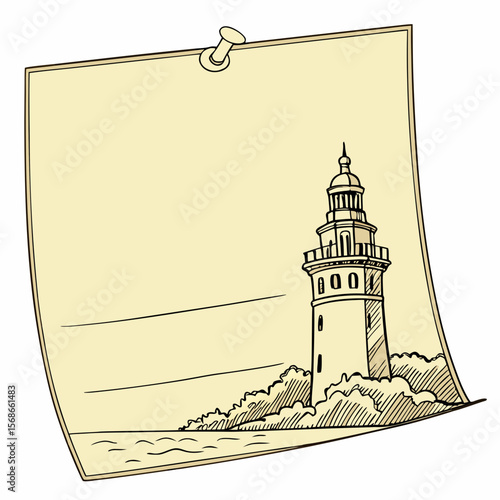 Lighthouse drawing on pinned parchment vintage