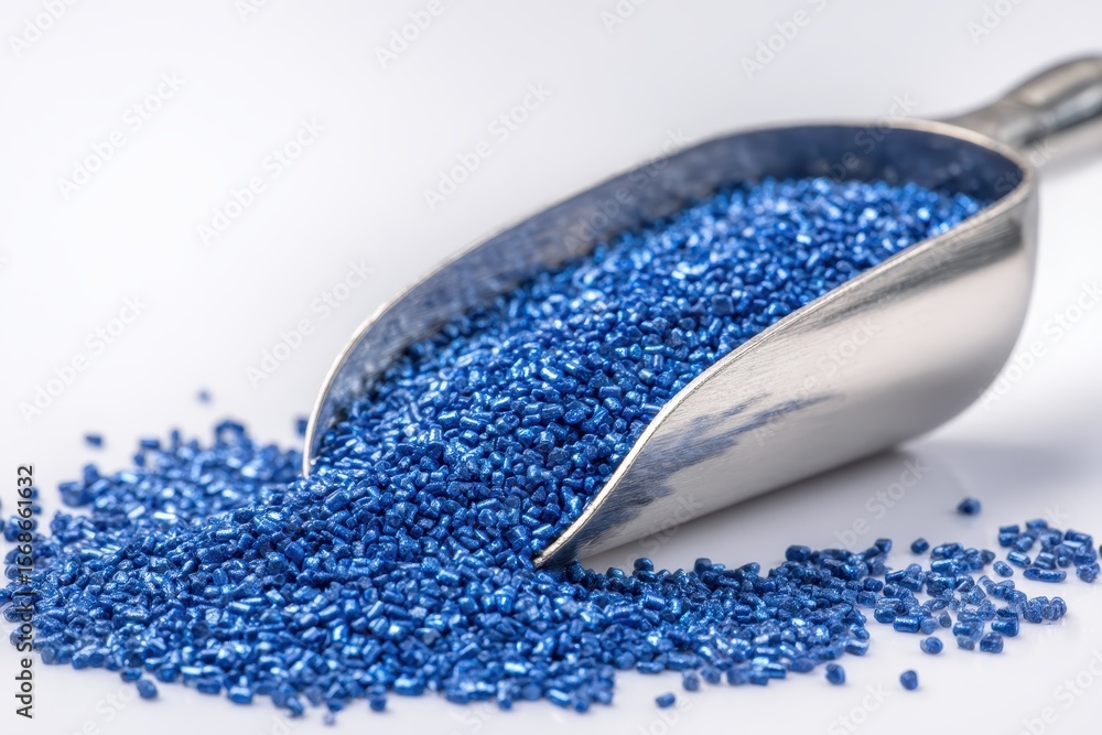 Fototapeta premium Isolated blue granules with an aluminum scoop on a white background pigment used as a polymer for injection molding color in plastic