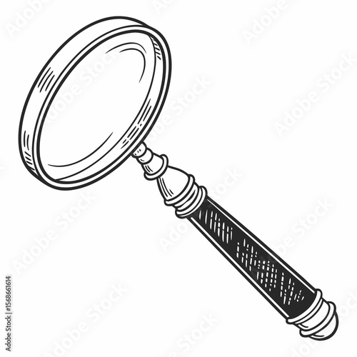 Magnifying glass with textured handle on white background lens research
