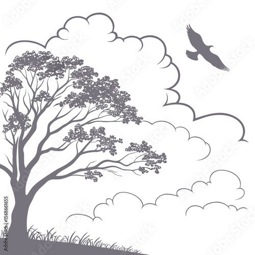 Majestic tree with soaring eagle amidst stylized clouds bird flying