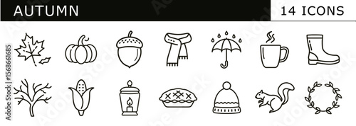 A collection of 14 autumn outline icons—leaves, pumpkins, acorns, scarves, umbrellas, hot drinks, boots, trees, corn, lanterns, pies, hats, squirrels & wreaths. Perfect for fall designs.