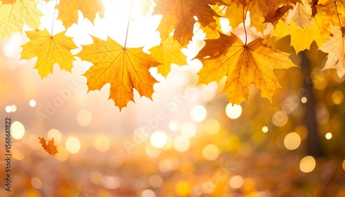 Golden Autumn Leaves with Bokeh Sunlight Fall Season Background with Maple Tree.